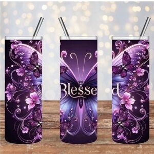 Purple Butterfly Tumbler with Metal Straw